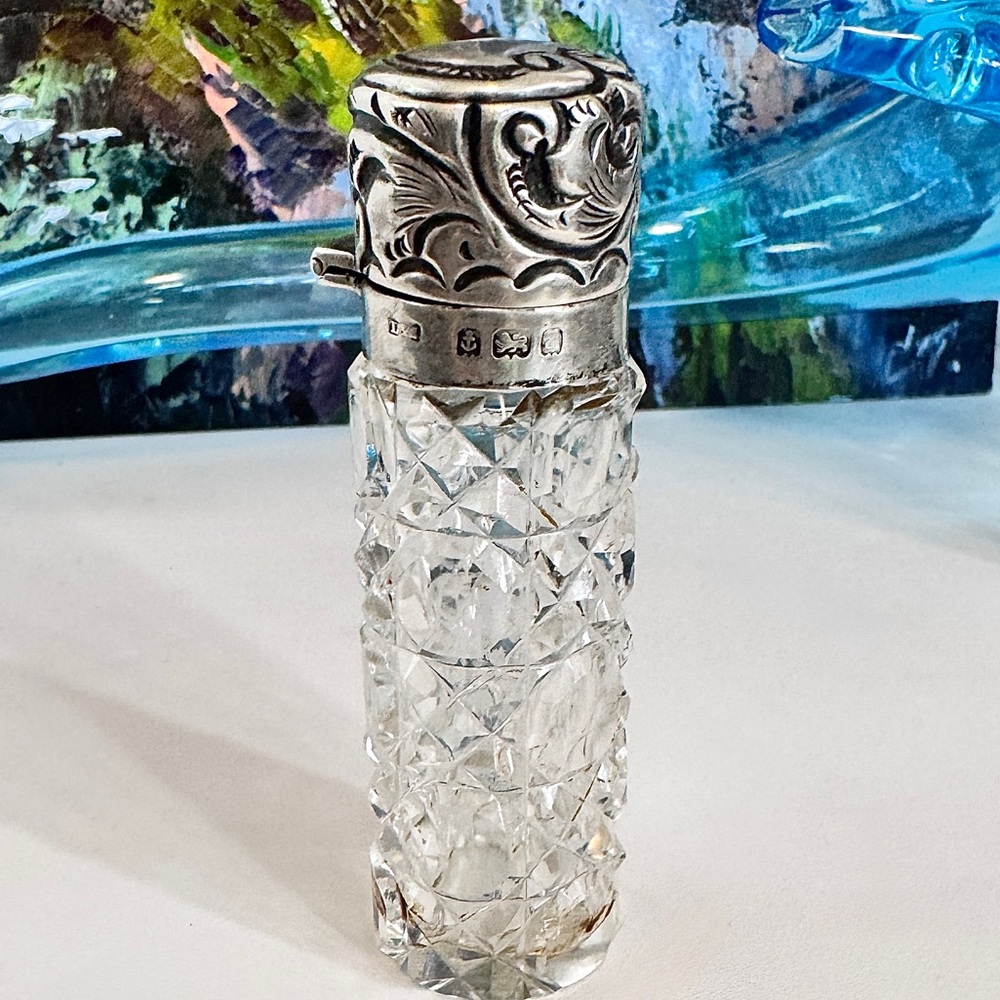 c.1900 Art Nouveau Sterling Silver & Cut Crystal Perfume Bottle